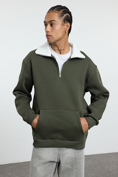 Trendyol Collection Khaki Fleece Oversize mikina - stojáček, zip Tmnaw25Sw00081