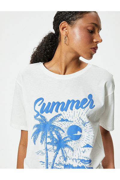 Koton Cotton Oversize T-Shirt - Slogan Print, Crew Neck, Short Sleeve
