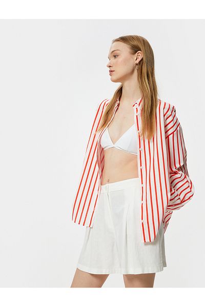Koton Mini pantaloni scurți în amestec de in - talie standard plisată cu nasturi și buzunare