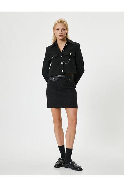 Koton High Waist A-Line Mini Tweed Skirt - Faux Leather Detailed