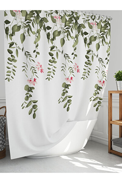 Green Leaf Patterned Shower Curtain, Bath Curtain 12 Pieces Bathtub Curtain with C Ring Gift 180x200cm
