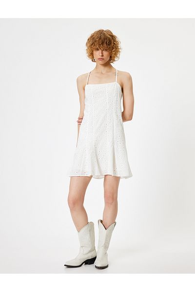 Koton Φόρεμα Poplin Mini Scallop - Σταυρός λουράκι με σχοινί, Slim Fit