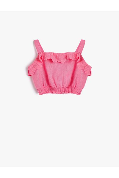 Koton λινό Crop μπλούζα με τιράντες και λεπτομέρεια RuFFle