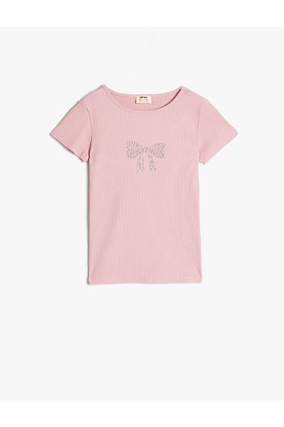 Koton Kurzärmliges Rundhals-T-Shirt aus Baumwolle – Schleifendruck und Paillettendetail