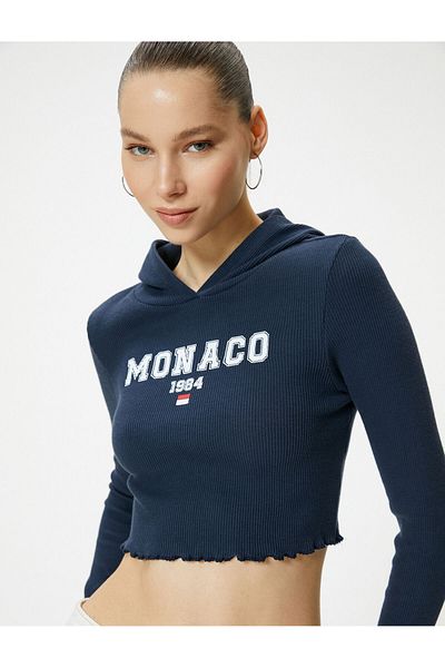 Koton Crop Hooded T-shirt Long Sleeve Printed Ribbed Cotton