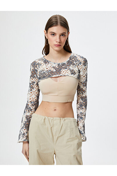 Koton Ανοιχτό βελονάκι - Crop Bolero T-shirt, μακριά φαρδύ μανίκι και σχέδιο γραβάτα