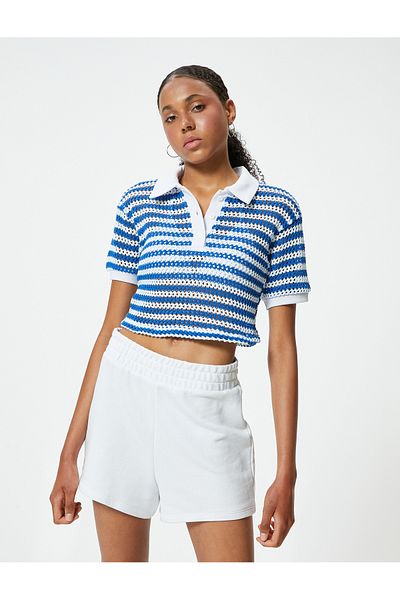 Koton Háčkované tričko Polo Neck – Crop, Krátký rukáv a Detail knoflíku