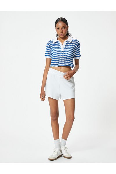 Koton Háčkované tričko Polo Neck – Crop, Krátký rukáv a Detail knoflíku
