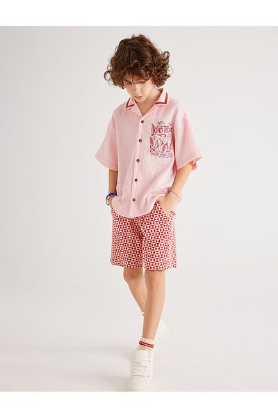 Koton Textured Short Sleeve Muslin Shirt - Embroidered Detail
