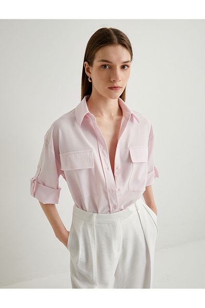 Koton Oversize Shirt Flap Pocket Buttoned Wide Sleeve