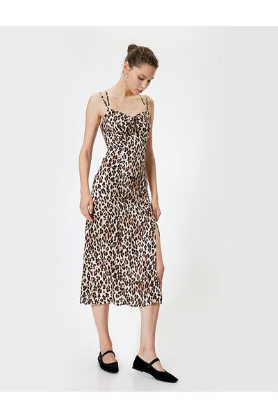 Koton Μίντι Φόρεμα Leopard Print - Strappy, Slit, Degaje Collar, Slim Fit