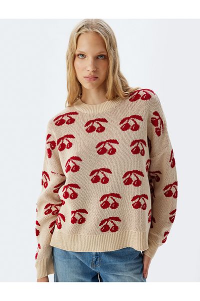 Koton Cherry Pattern Oversize Sweater - Crew Neck, Long Sleeve