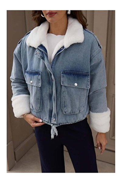 HARMONY GLOBAL Palton din denim cu guler și blană moale de pluș 2241