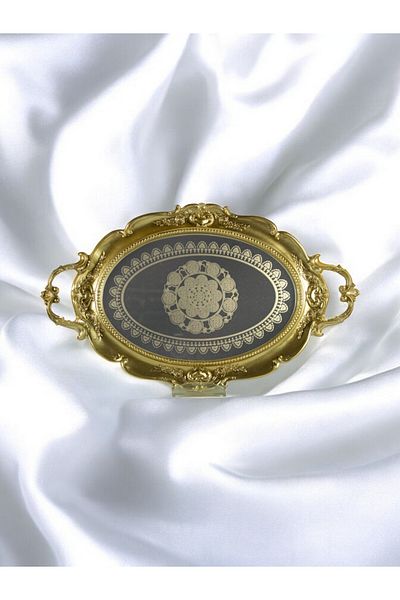 GİTTİGİTTİ Gold Colored Polyester Patterned Oval Epoxy Glass Tray