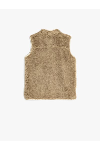 Koton Plush Vest with Stand Collar and Pockets - Zippered Closure