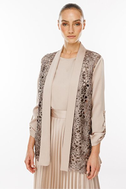 Moda İlgi Modailgi Çiçek Güpürlü İkili Takım Vizon