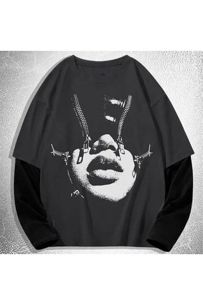 Karakedi Smoked Black Sleeve Zipper Face Printed Long Sleeve Thin Sweat