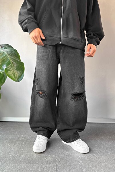 Flaw Wear Ripped Detail Black Baggy Jeans