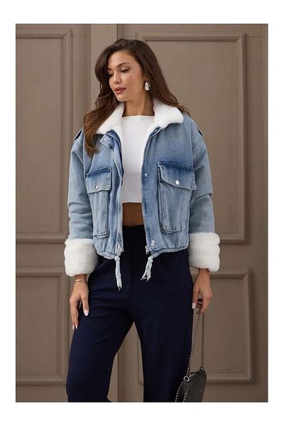 HARMONY GLOBAL Palton din denim cu guler și blană moale de pluș 2241
