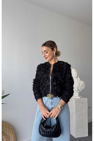 BelezaStore Černá 3D růžová bunda a cardigan