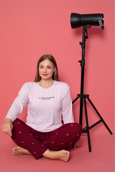 Temporium Women's Plus Size Curve Printed Patterned Milan Fabric Long Sleeve Pajamas Set