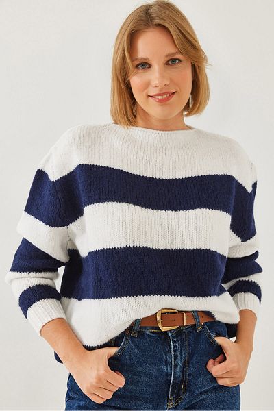 Bianco Lucci Women's Crew Neck Striped Knitwear Sweater 20246239