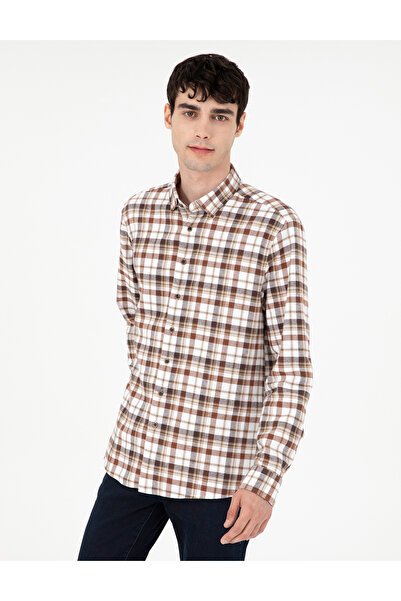 Pierre Cardin Kahverengi Regular Fit Kareli Uzun Kollu Gömlek 50292882-VR029