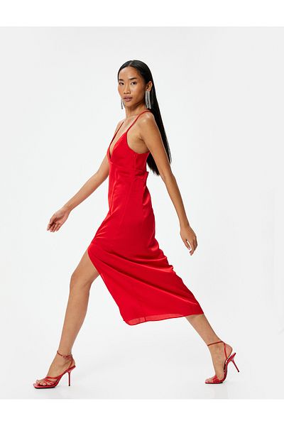 Koton V-neck Slit Midi Strap Dress - with Back Detail