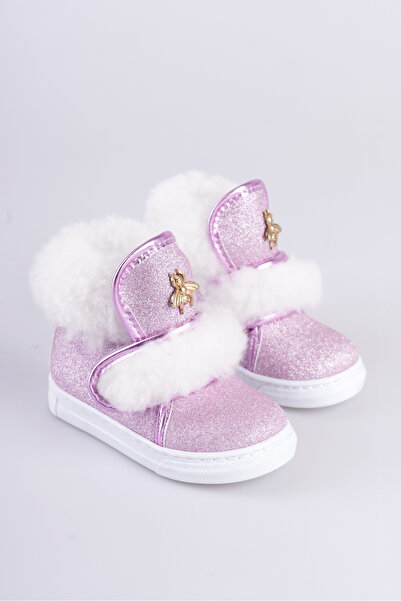 CAMOLLA Pembe Simli Kürklü Arı Detaylı Cırtlı Kaymaz Taban Kız Çocuk Bot