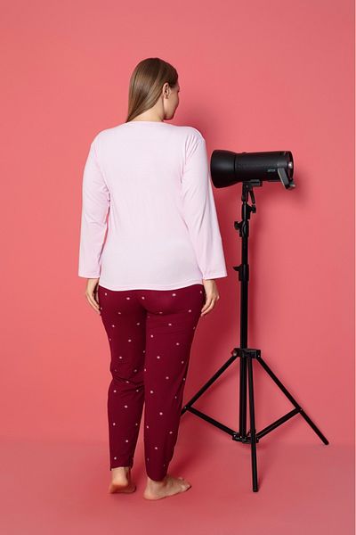 Temporium Women's Plus Size Curve Printed Patterned Milan Fabric Long Sleeve Pajamas Set