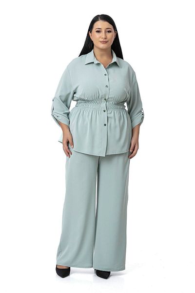 DISENTIS MODEST Plus Size Elastic Waist Gather Detailed Shirt Trousers Mint Green Double Set