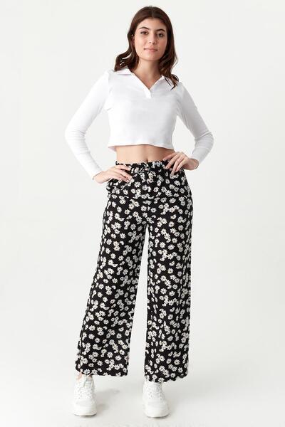 Select Moda Pantaloni largi de damă cu imprimeu floral și talie elastică
