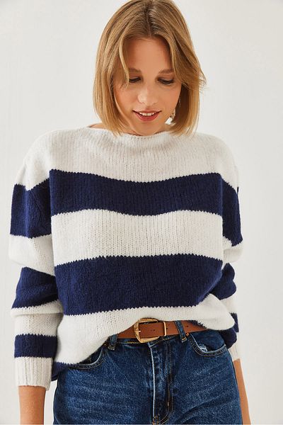 Bianco Lucci Women's Crew Neck Striped Knitwear Sweater 20246239
