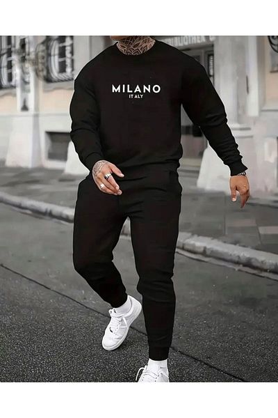 khufu Unisex Milan Italian Printed Black Sweatshirt and Sweatpants Set