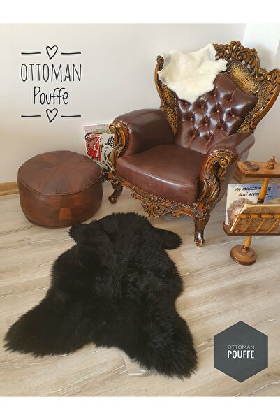 Ottoman Pouffe Hakiki Gerçek Deri Siyah Uzun Tüylü Büyük Boy Yumuşacık Organi...