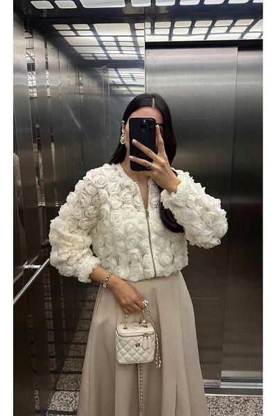 BelezaStore Ecru 3D Rose Jacket and Cardigan