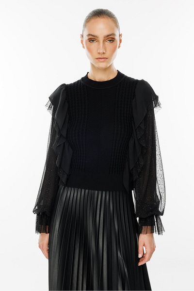 Moda İlgi Black Knitwear Blouse - Modailgi, Chiffon Tulle Sleeves