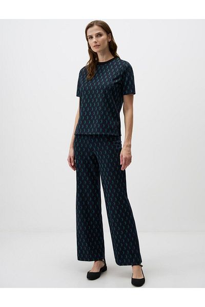 Jimmy Key Navy Blue High Waisted Knitted Trousers with Wide Leg Pattern