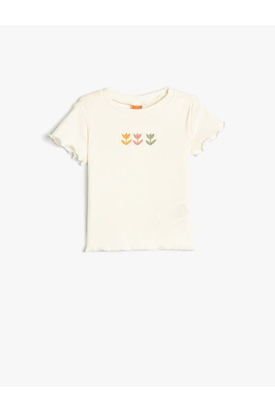 Koton Cotton Short Sleeve Floral Embroidered Crew Neck T-Shirt