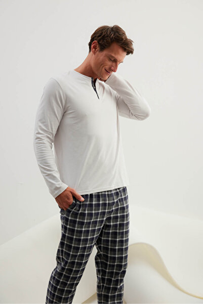 Syah Erkek Pamuklu Patlı Uzun Kollu Pijama Üstü