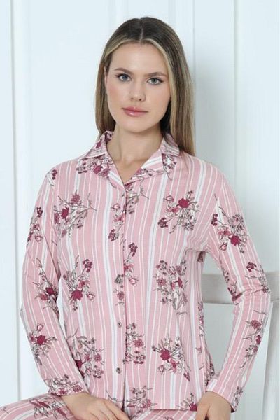 ERDENİZ TEKSTİL Cotton / Long Sleeve Front Button Women's Pajama Set
