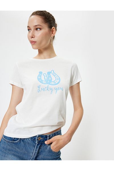 Koton Crew Neck Slogan Printed Cotton T-Shirt