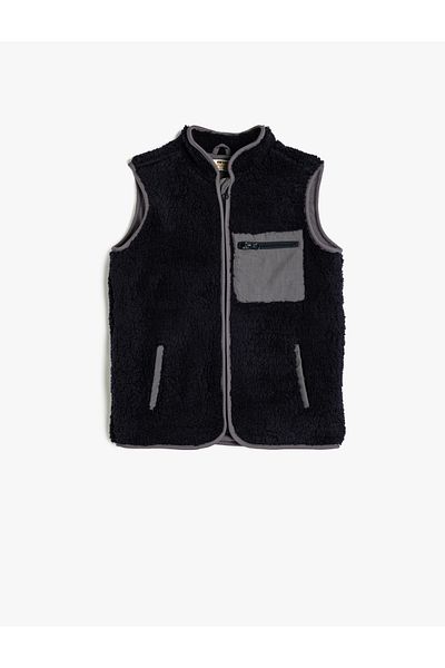 Koton Plush Vest with Stand Collar and Pockets - Zippered Closure