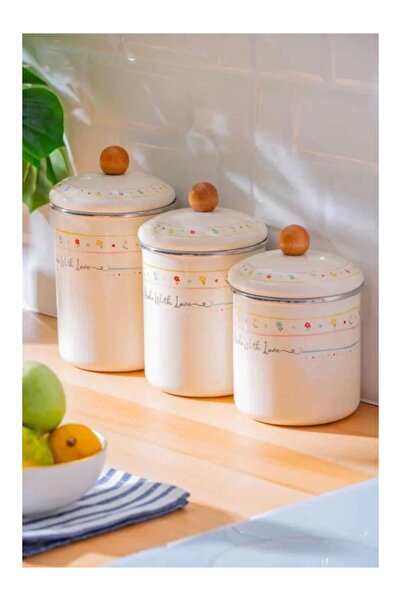 ACAR XAP7712 Emaye Çiçek ve Yazı Desenli Beyaz Kavanoz 3'lü