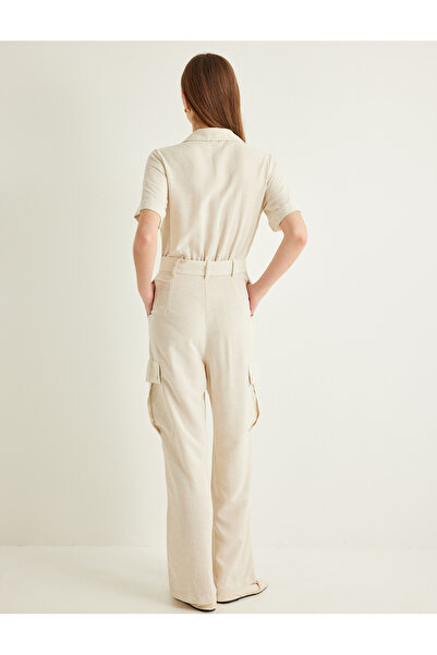 Koton Linen Cargo Overalls - Shirt Collar with Pockets, Belt and Short Sleeves