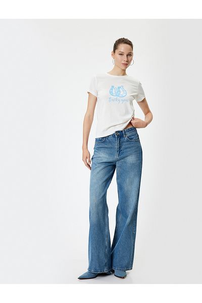 Koton Crew Neck Slogan Printed Cotton T-Shirt