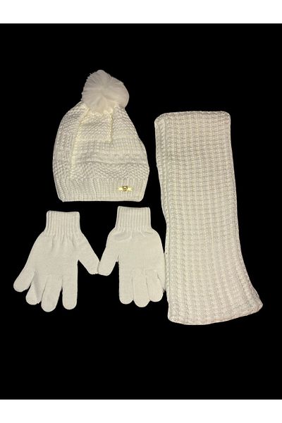 Kitti 9 -15 Years Old Girl's Beanie Inside Fleece Outside Acrylic Pompom Scarf Beanie Gloves 3-Piece Set Cream