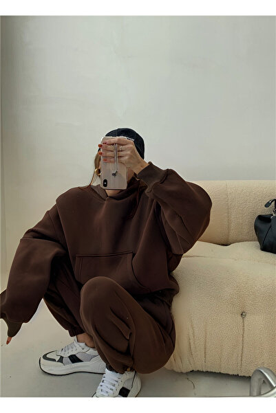 YAKAMEL KADIN 3 İPLİK KALIN MEVSİMLİK OVERSİZE EŞOFMAN TAKIMI