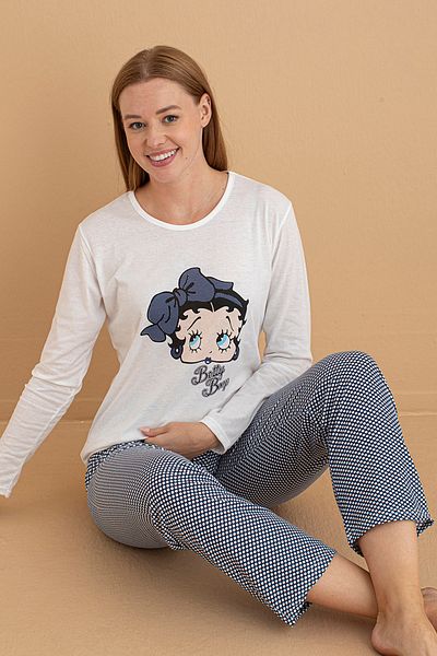 Siyah İnci White Patterned Printed Knitted Pajamas Set