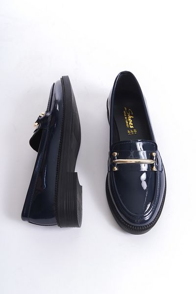 Shoesers Дамски тъмносини лачени обувки с елегантна катарама и мокасини със специален дизайн